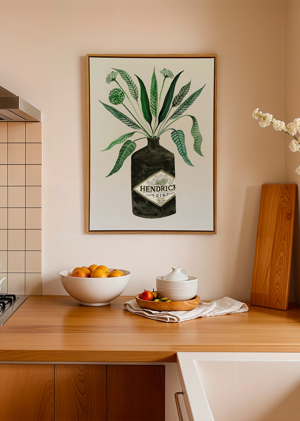 Køkkenkunst Hendrick's flaske med løv
