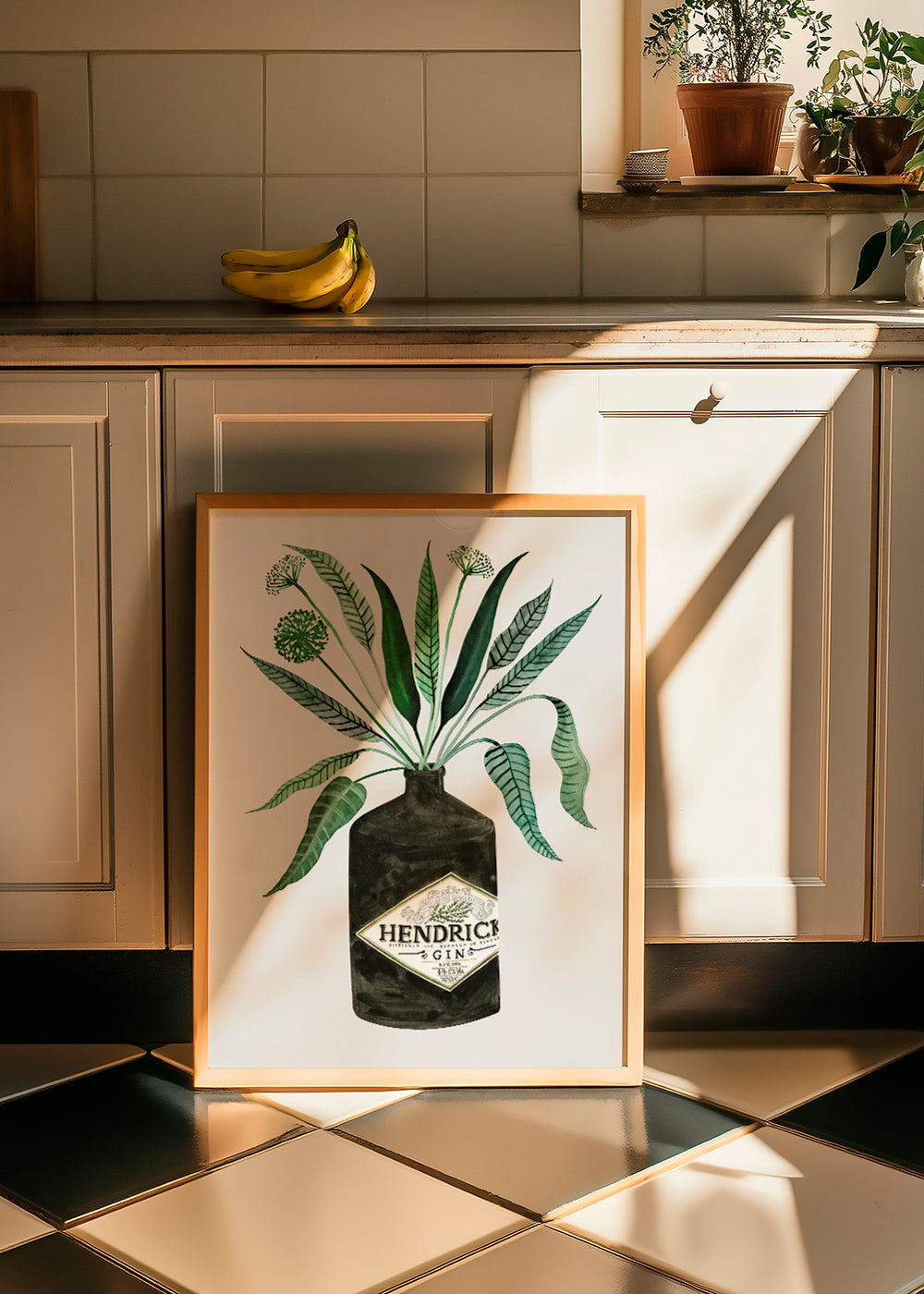 Køkkenkunst Hendrick's flaske med løv
