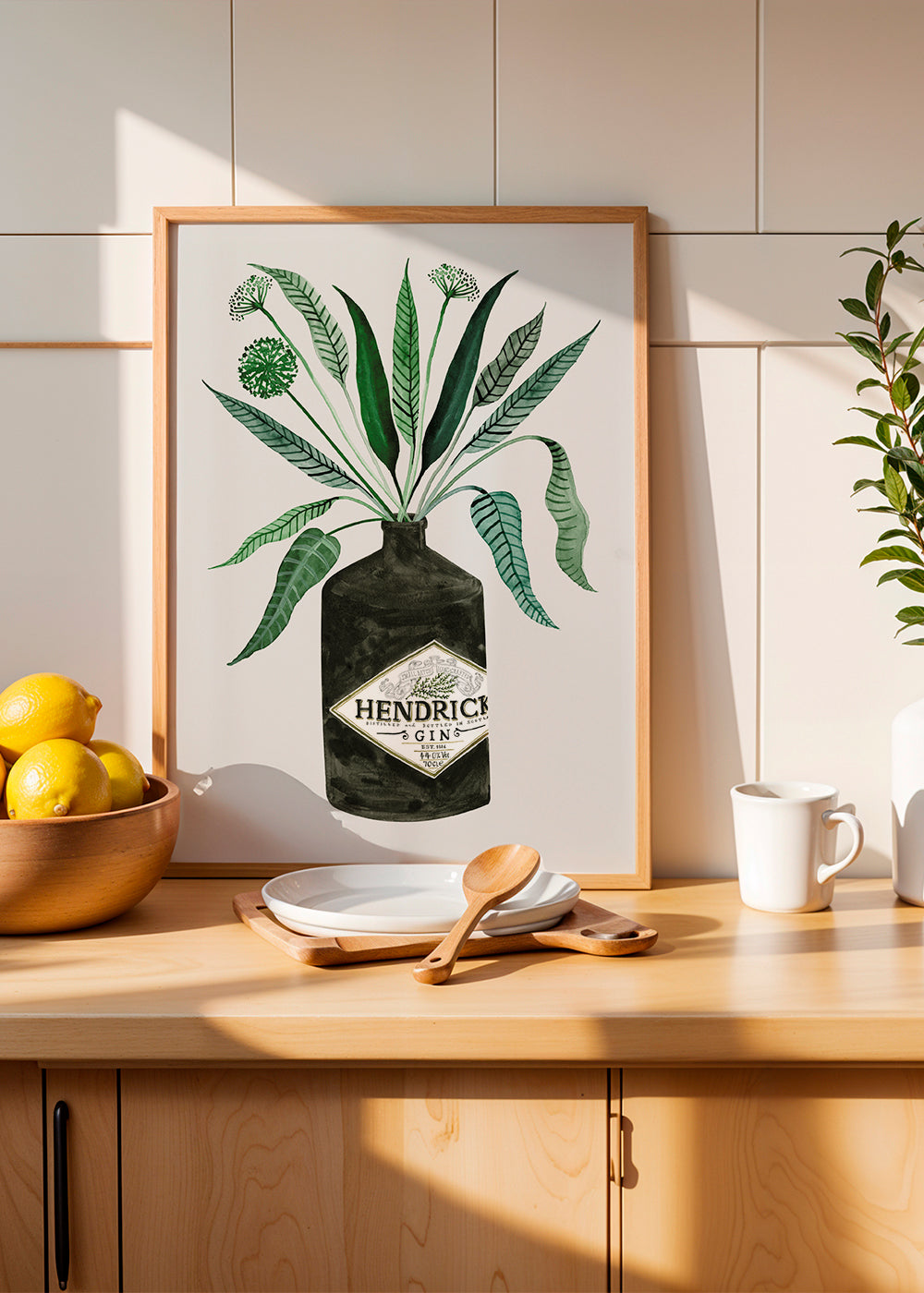 Køkkenkunst Hendrick's flaske med løv