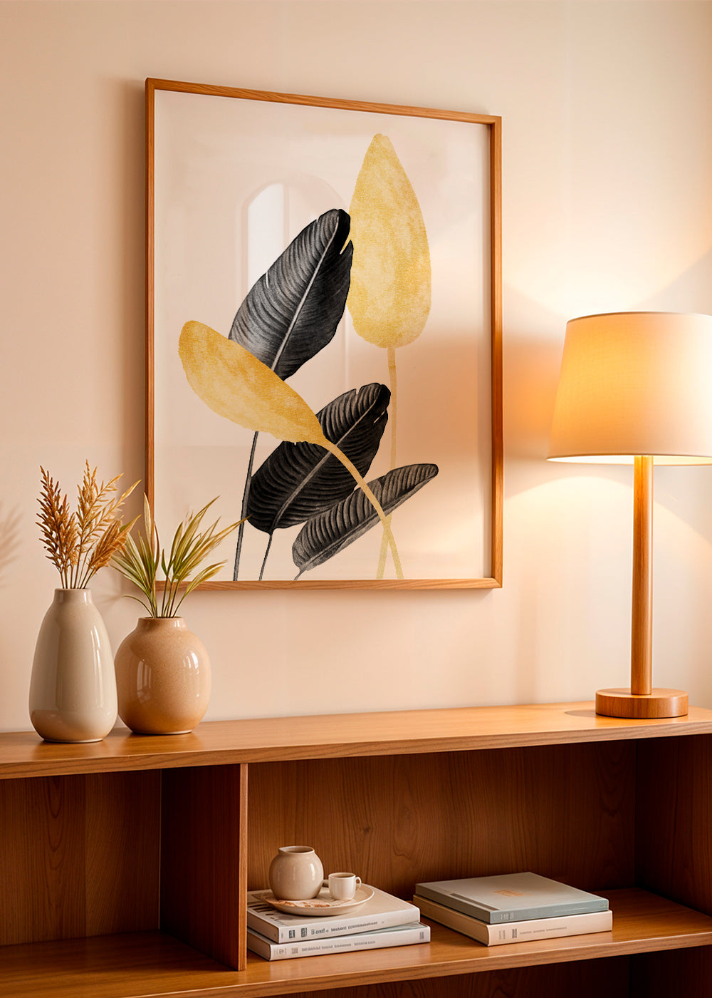 Botanisk plakat med sorte og gyldne blade