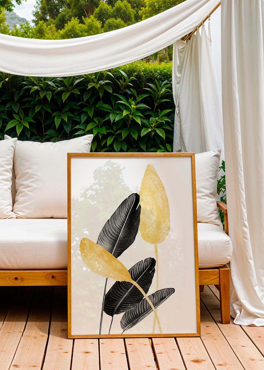 Botanisk plakat med sorte og gyldne blade