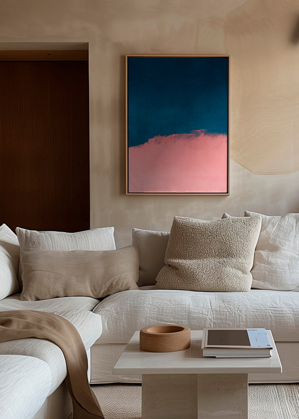 Minimalistisk landskab i rosa og blå