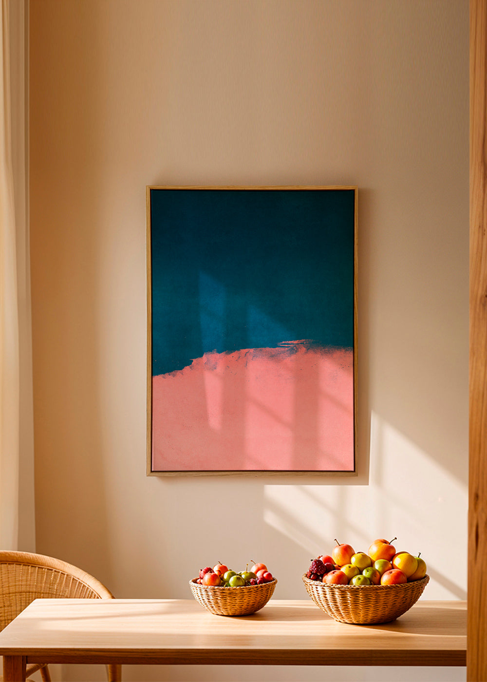 Minimalistisk landskab i rosa og blå