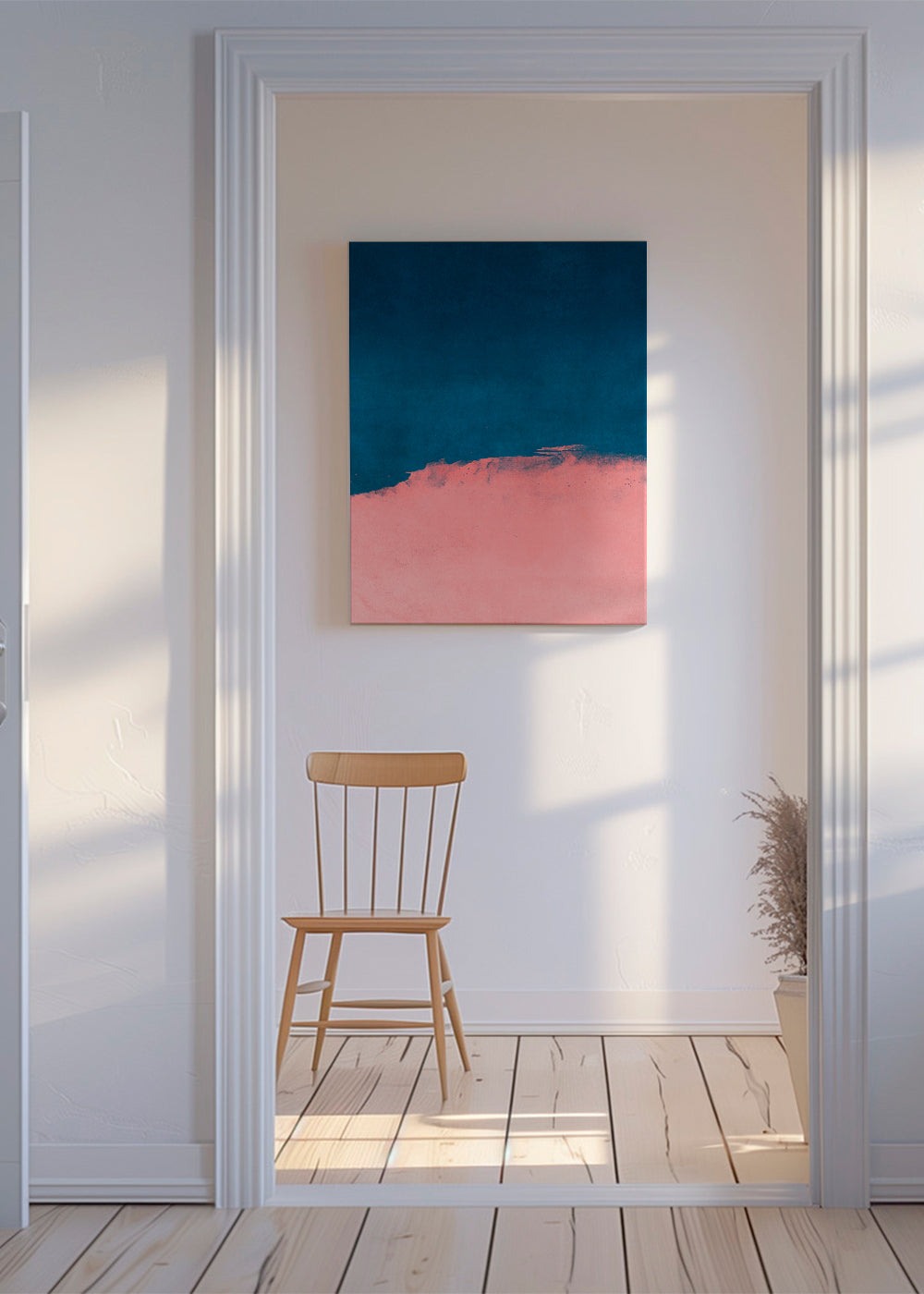 Minimalistisk landskab i rosa og blå