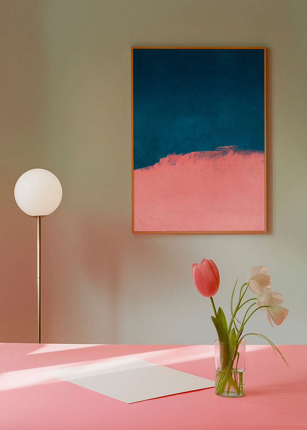 Minimalistisk landskab i rosa og blå