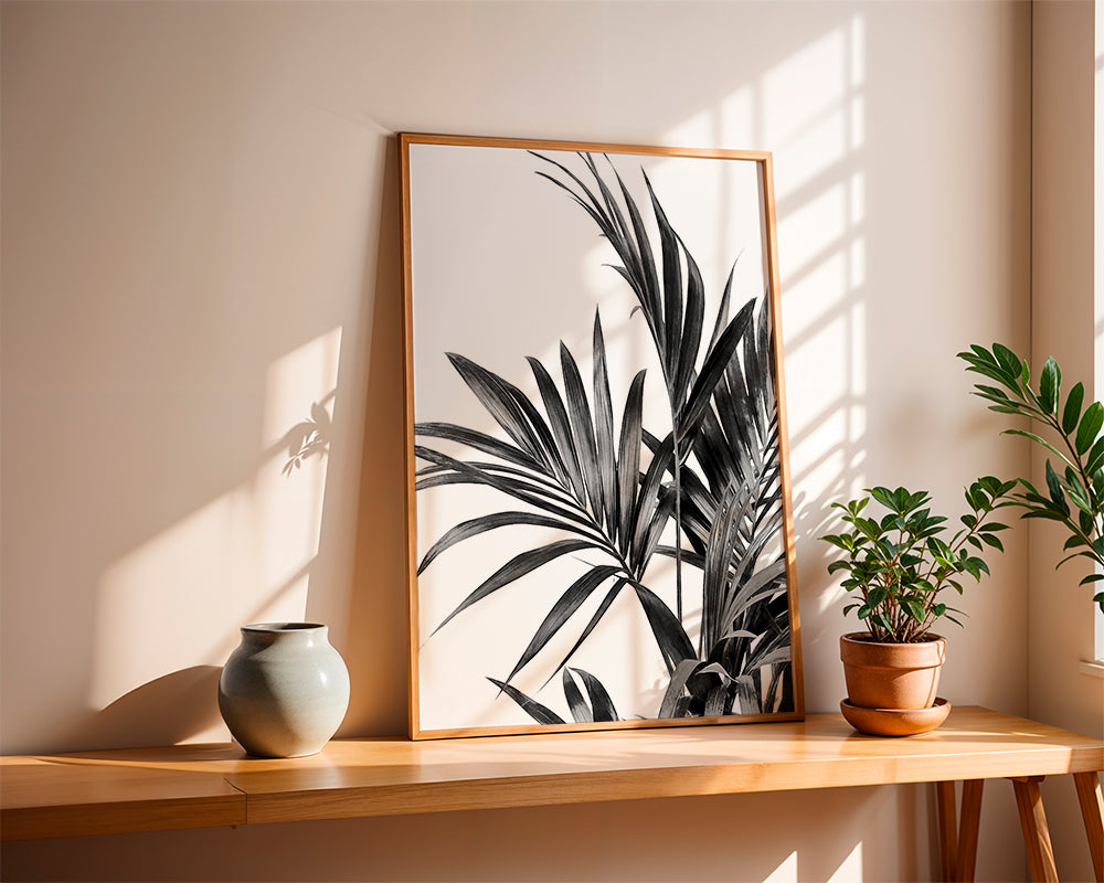 Botanisk plakat palmer i sort og hvid
