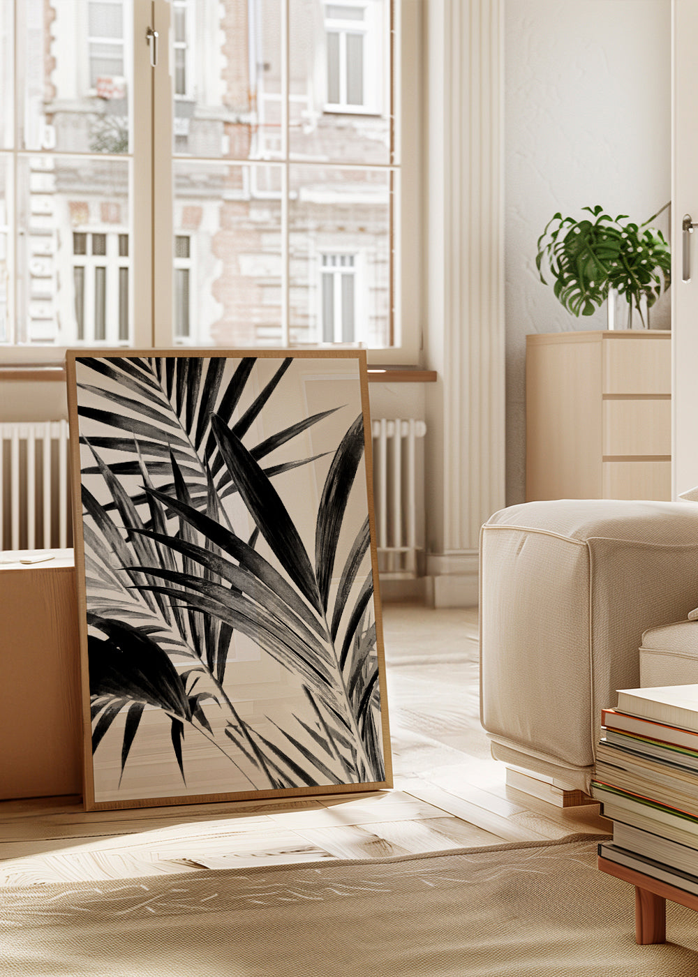 Botanisk plakat palmeblade i sort-hvid