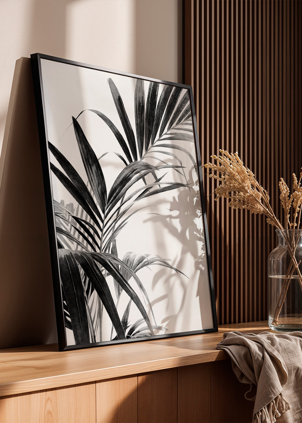 Botanisk plakat: palmeblade i sort-hvid