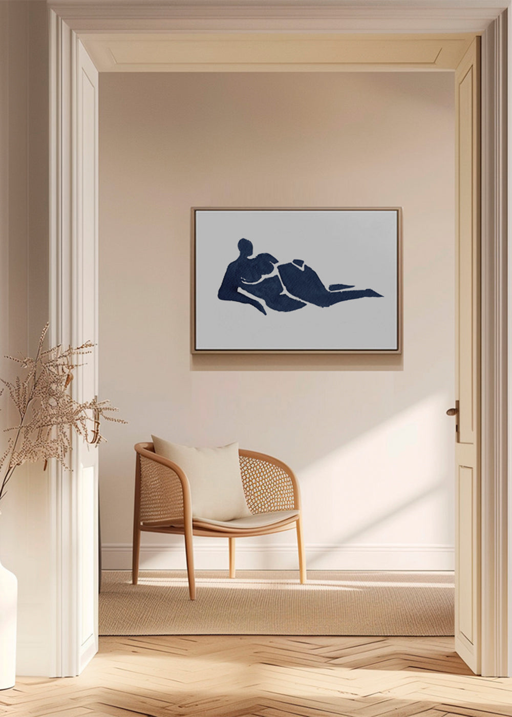 Abstrakt kunst: liggende figur i blå