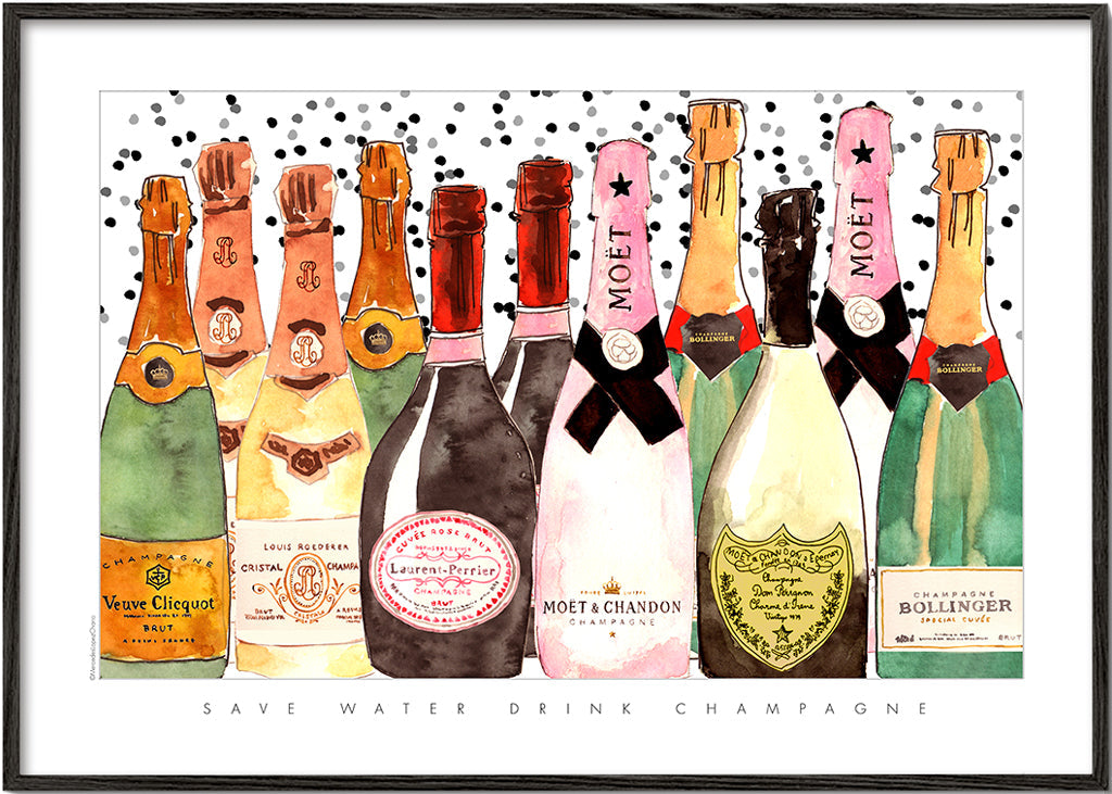 Køkkenkunst med illustrerede champagneflasker