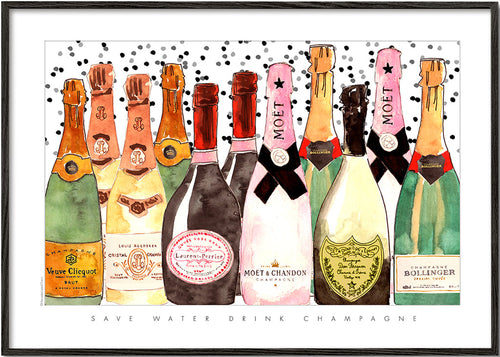 Køkkenkunst med illustrerede champagneflasker