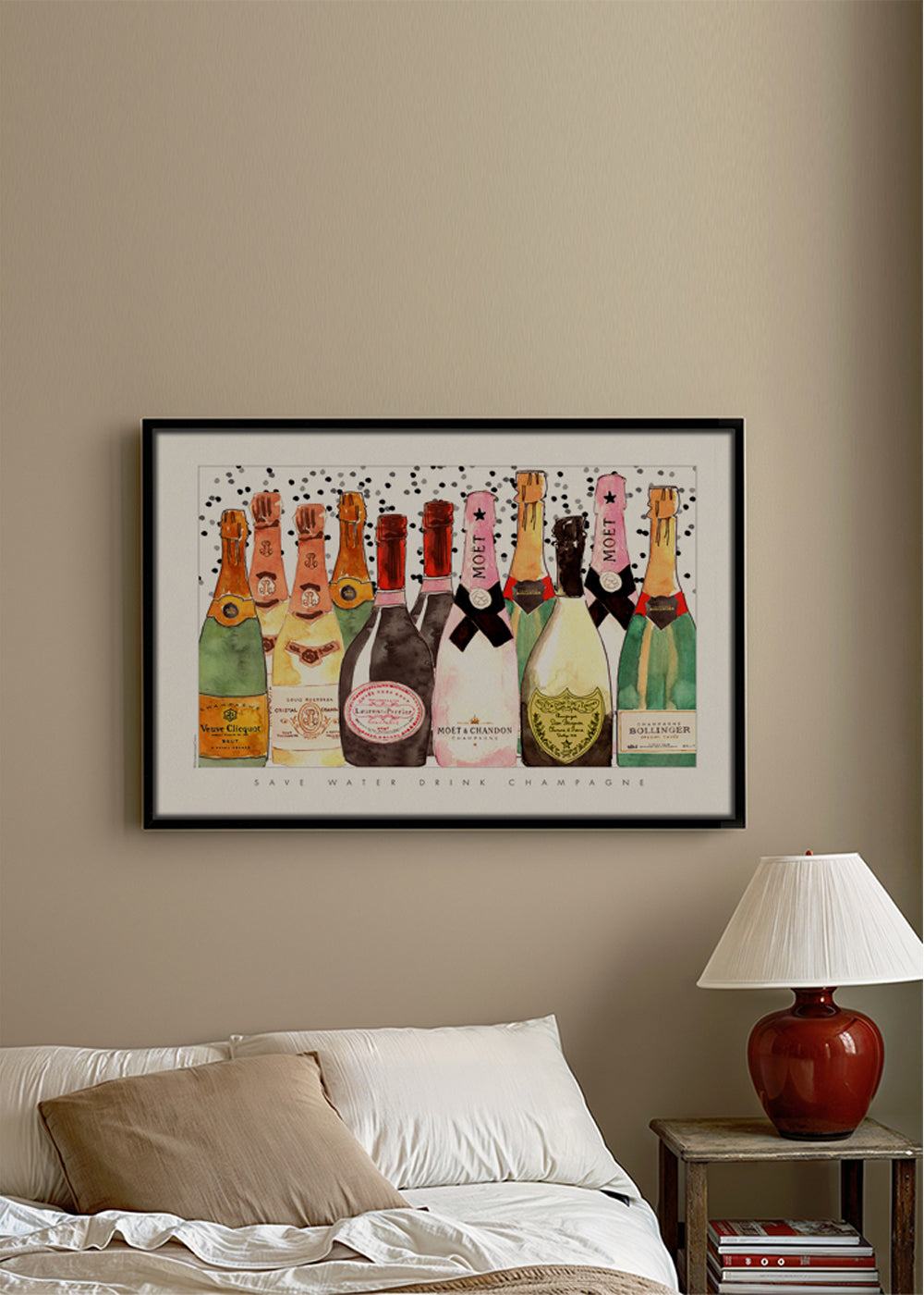 Køkkenkunst med illustrerede champagneflasker