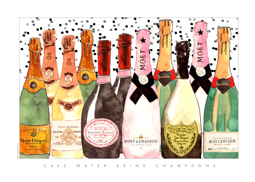 Køkkenkunst med illustrerede champagneflasker