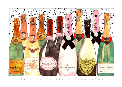 Køkkenkunst med illustrerede champagneflasker
