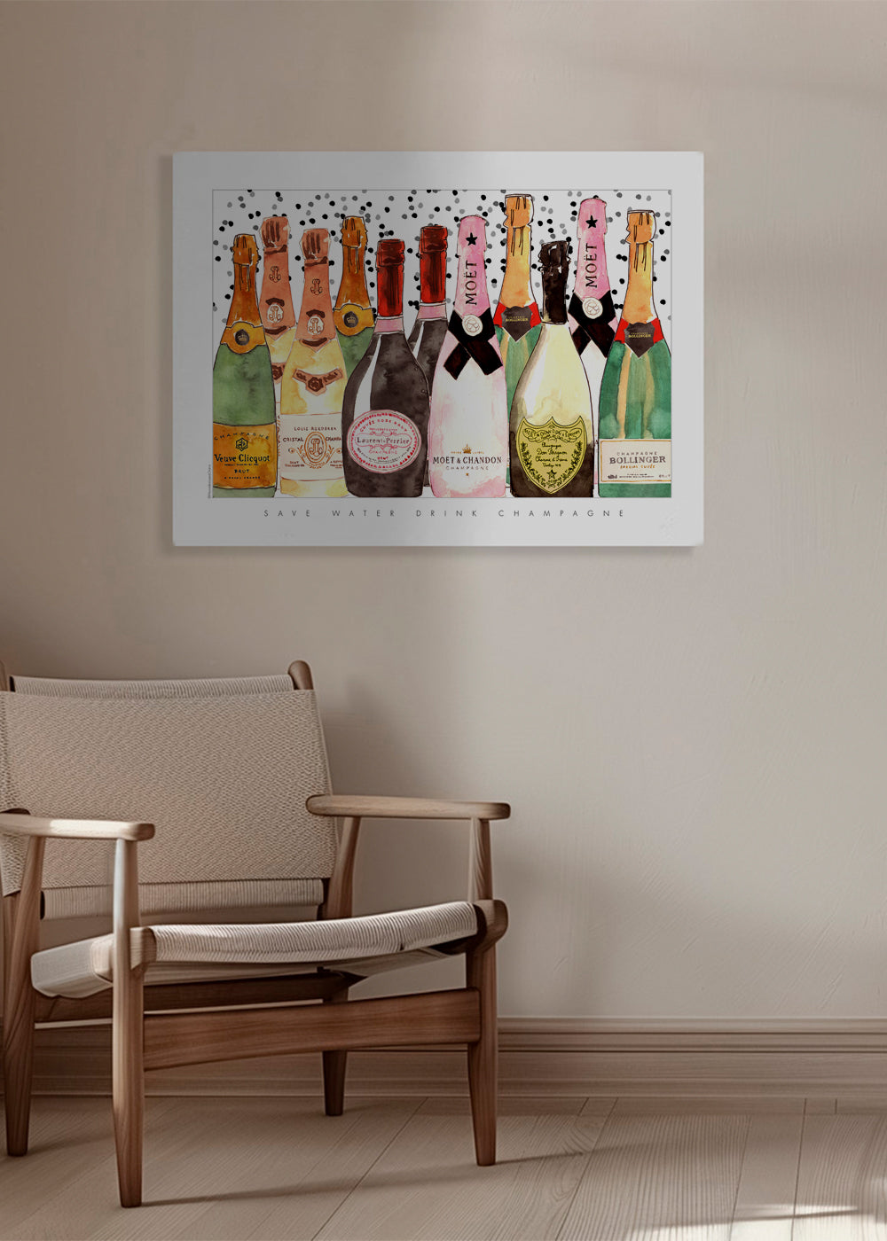 Køkkenkunst med illustrerede champagneflasker