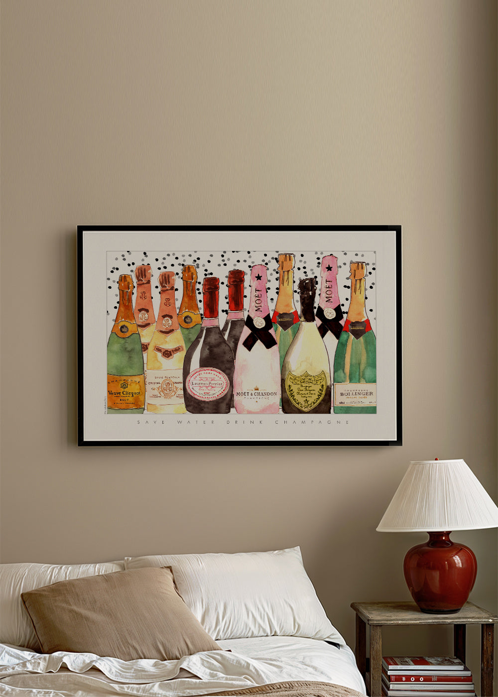 Køkkenkunst med illustrerede champagneflasker
