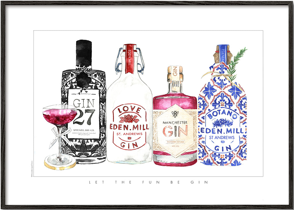 Køkkenkunst med illustrerede gin-flasker