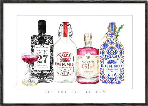 Køkkenkunst med illustrerede gin-flasker