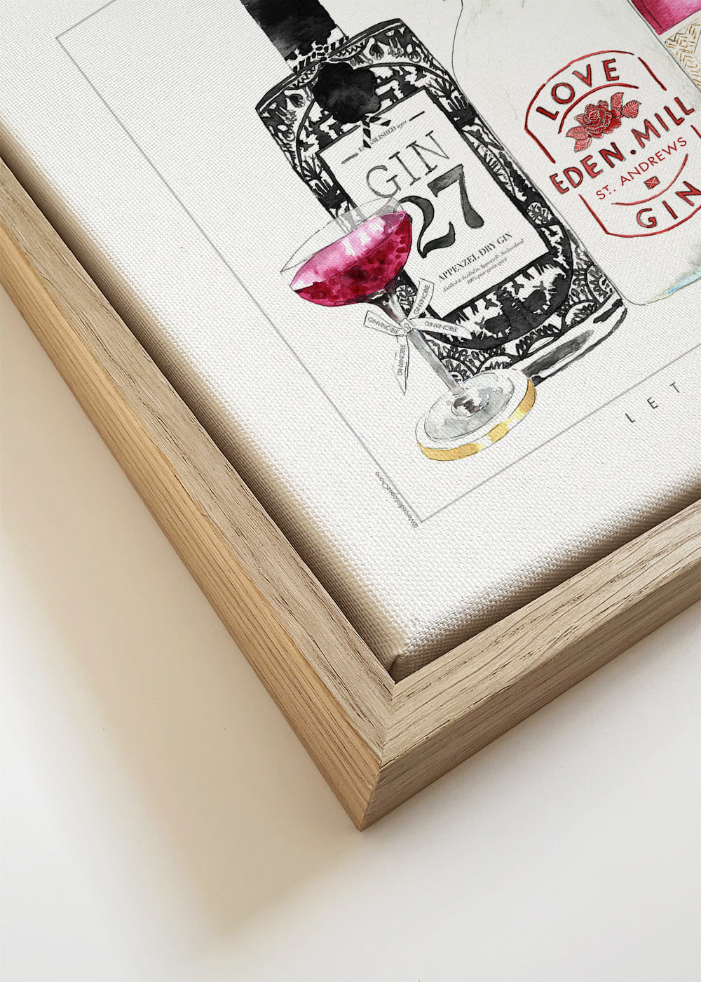 Køkkenkunst med illustrerede gin-flasker