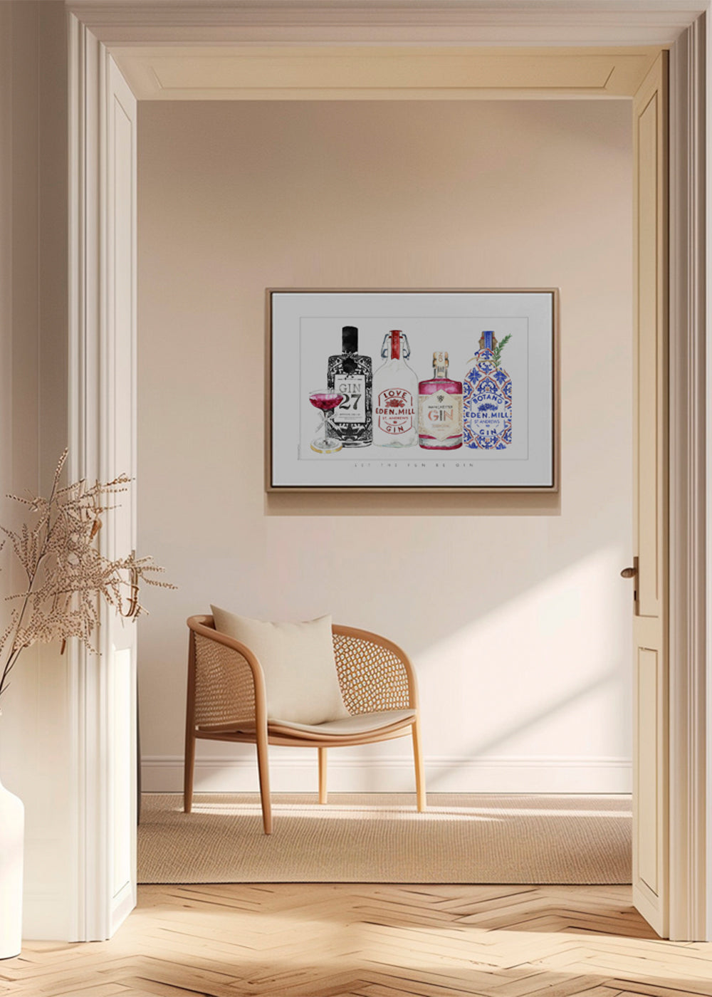 Køkkenkunst med illustrerede gin-flasker