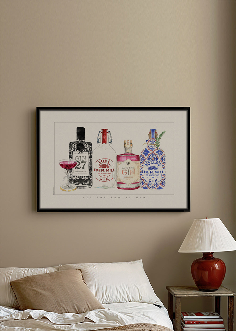Køkkenkunst med illustrerede gin-flasker