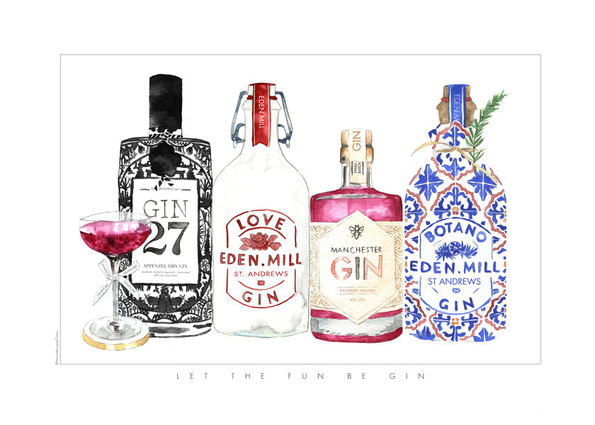 Køkkenkunst med illustrerede gin-flasker