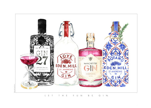 Køkkenkunst med illustrerede gin-flasker