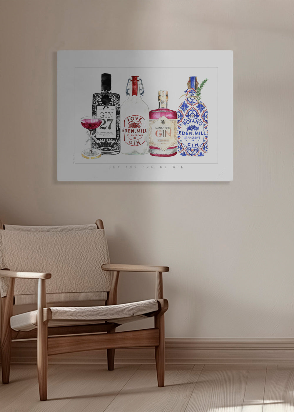 Køkkenkunst med illustrerede gin-flasker
