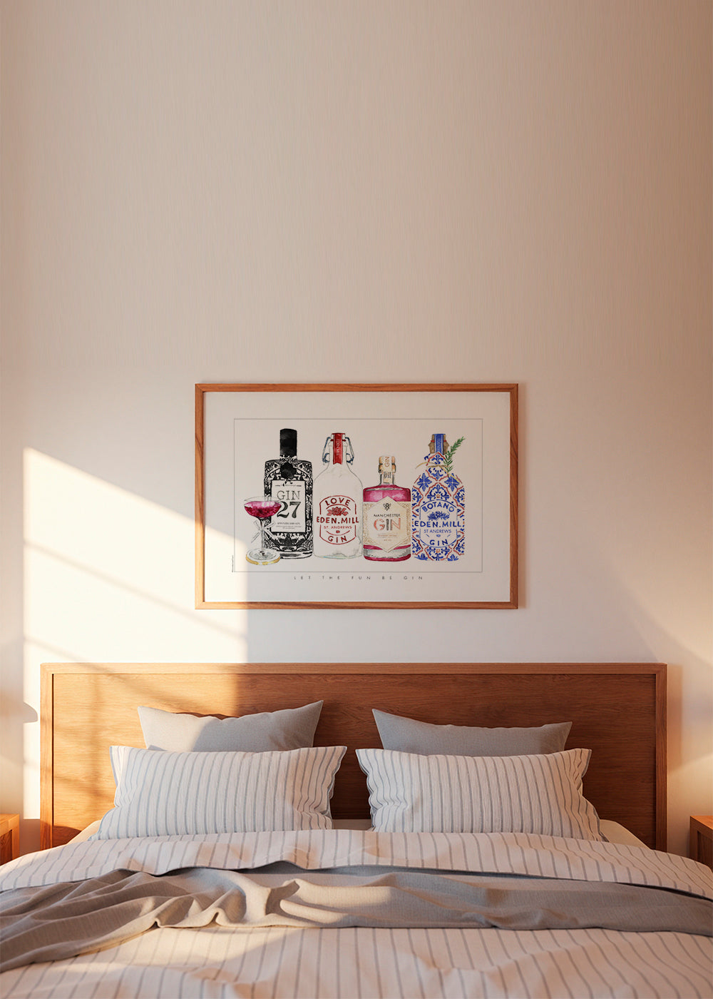 Køkkenkunst med illustrerede gin-flasker