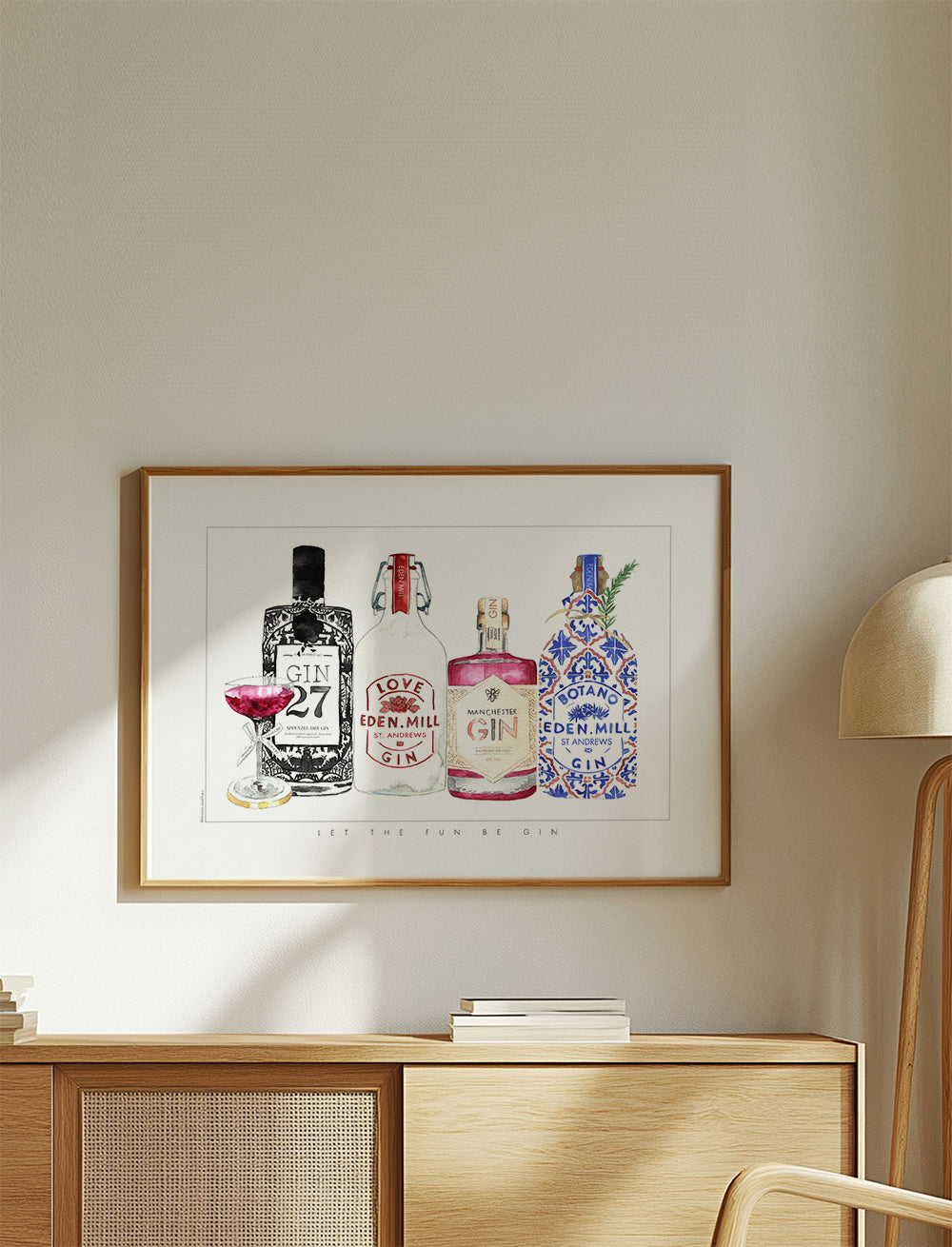 Køkkenkunst med illustrerede gin-flasker