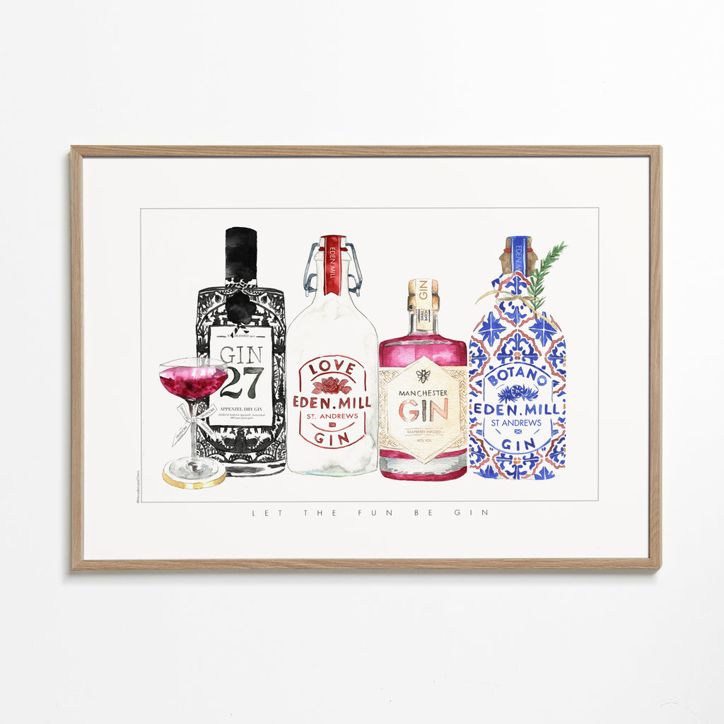 Køkkenkunst med illustrerede gin-flasker