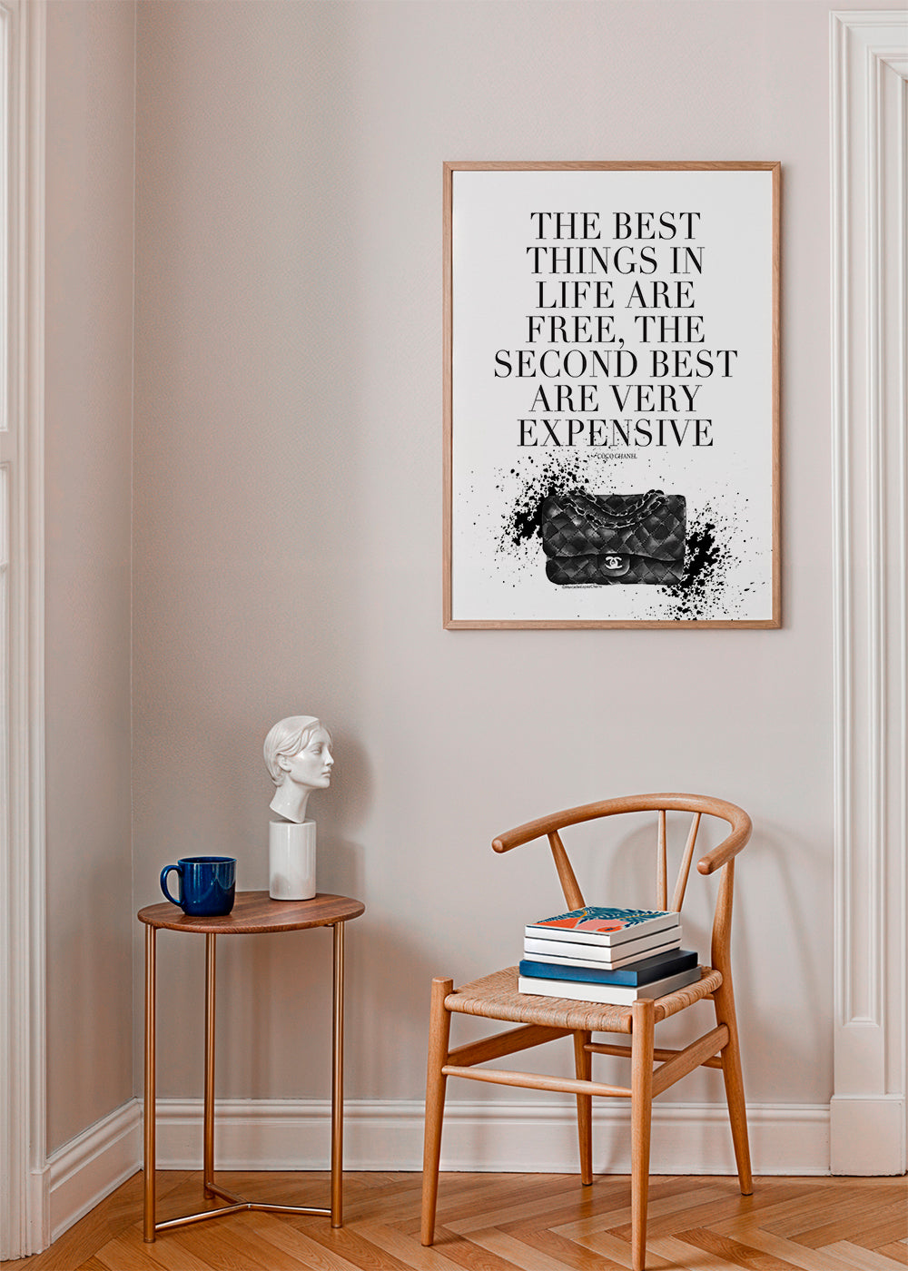 Vintage-plakat med ikonisk taske og citat