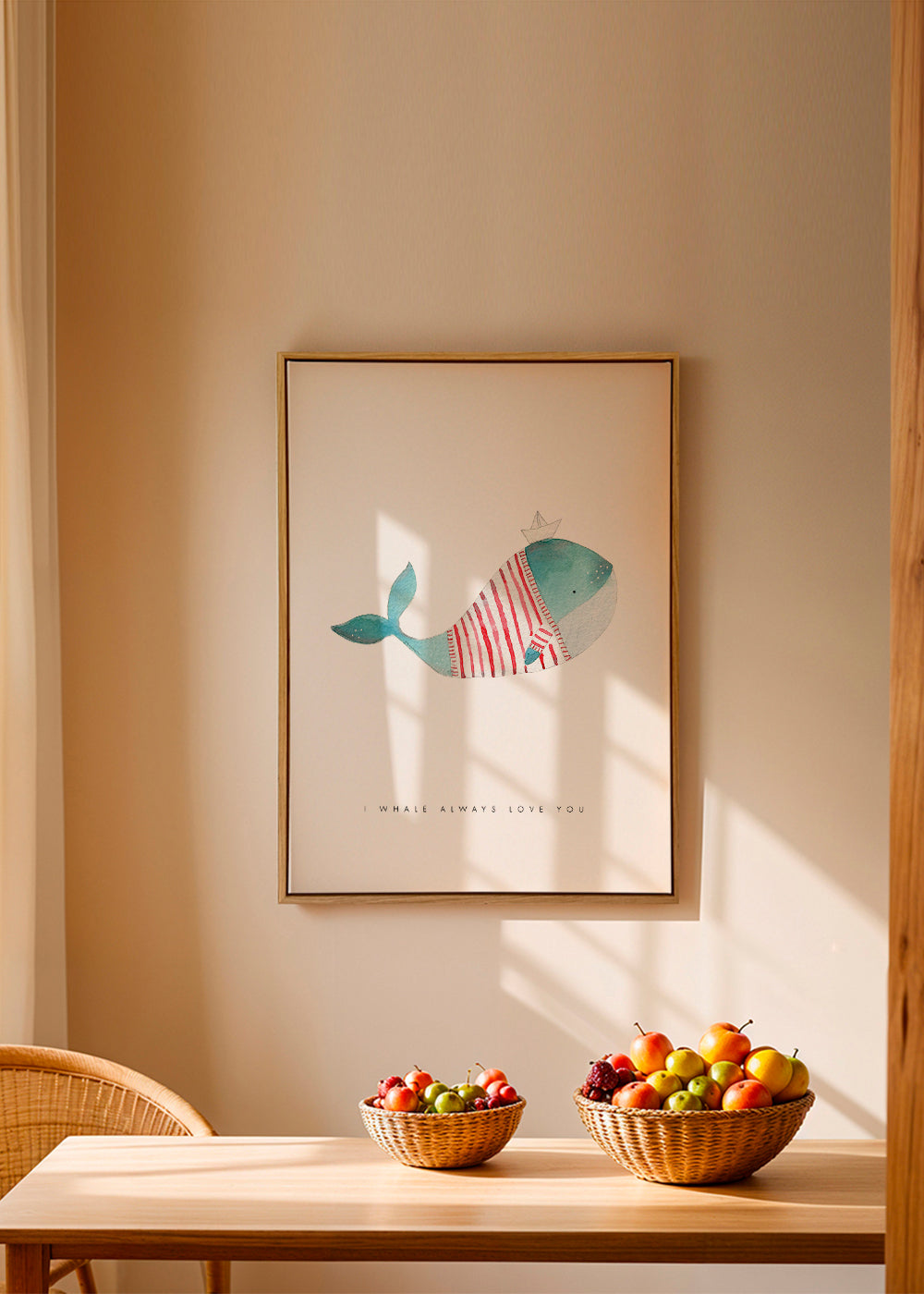 Børneplakat hval med papirbåd
