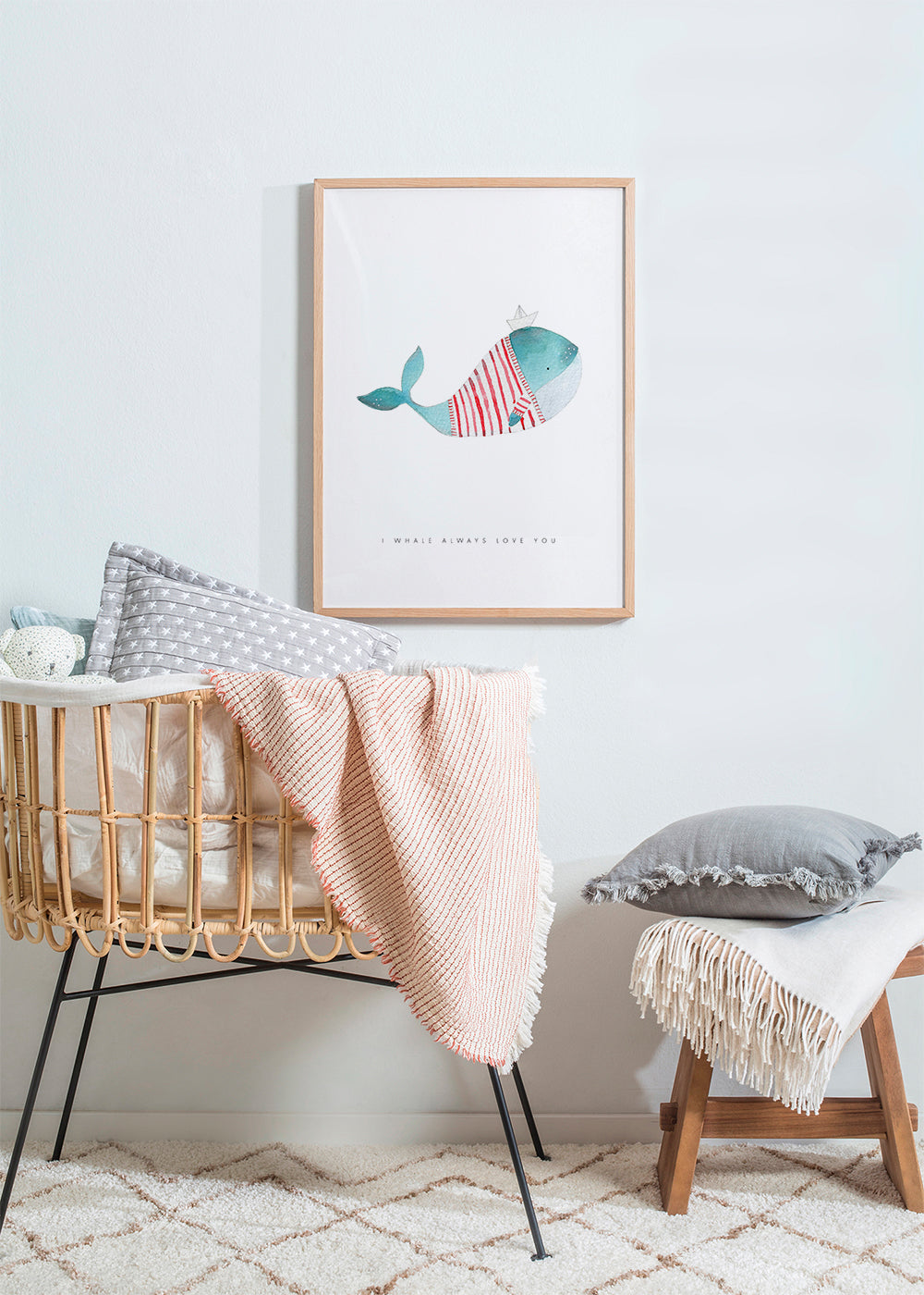 Børneplakat hval med papirbåd