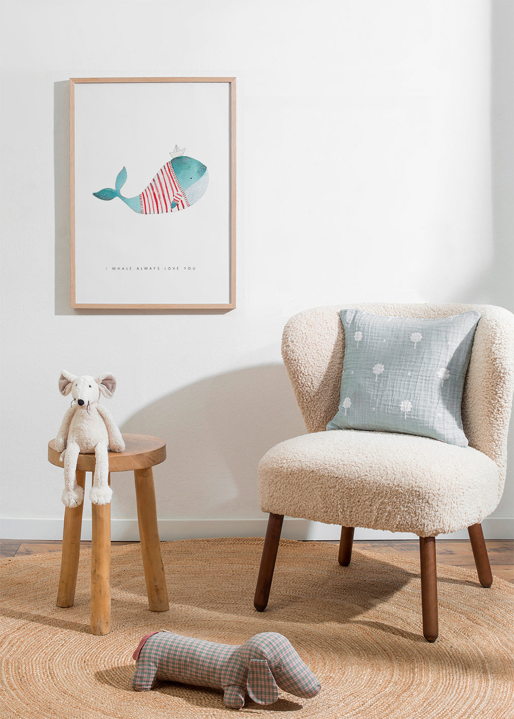Børneplakat hval med papirbåd