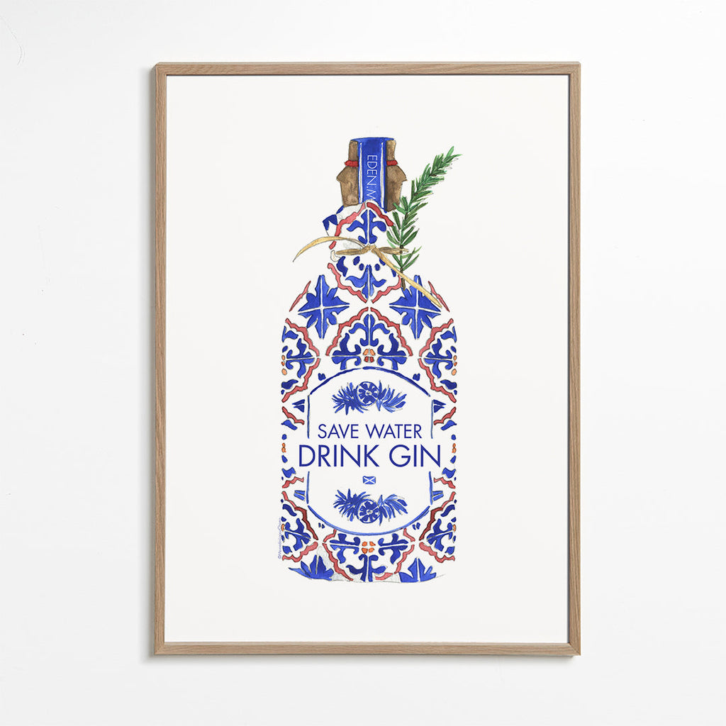Køkkenkunst: gin-flaske med flisemotiv