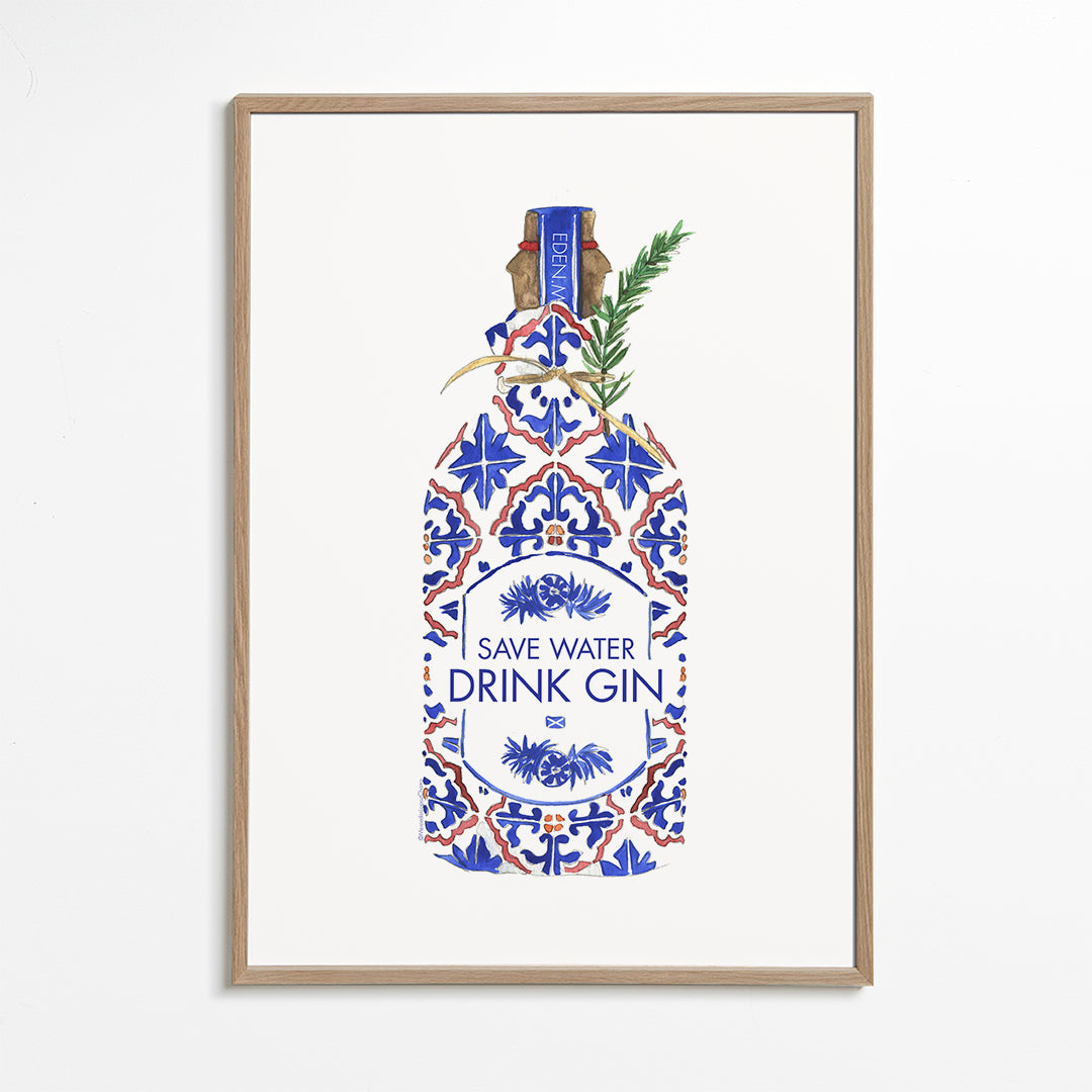 Køkkenkunst: gin-flaske med flisemotiv
