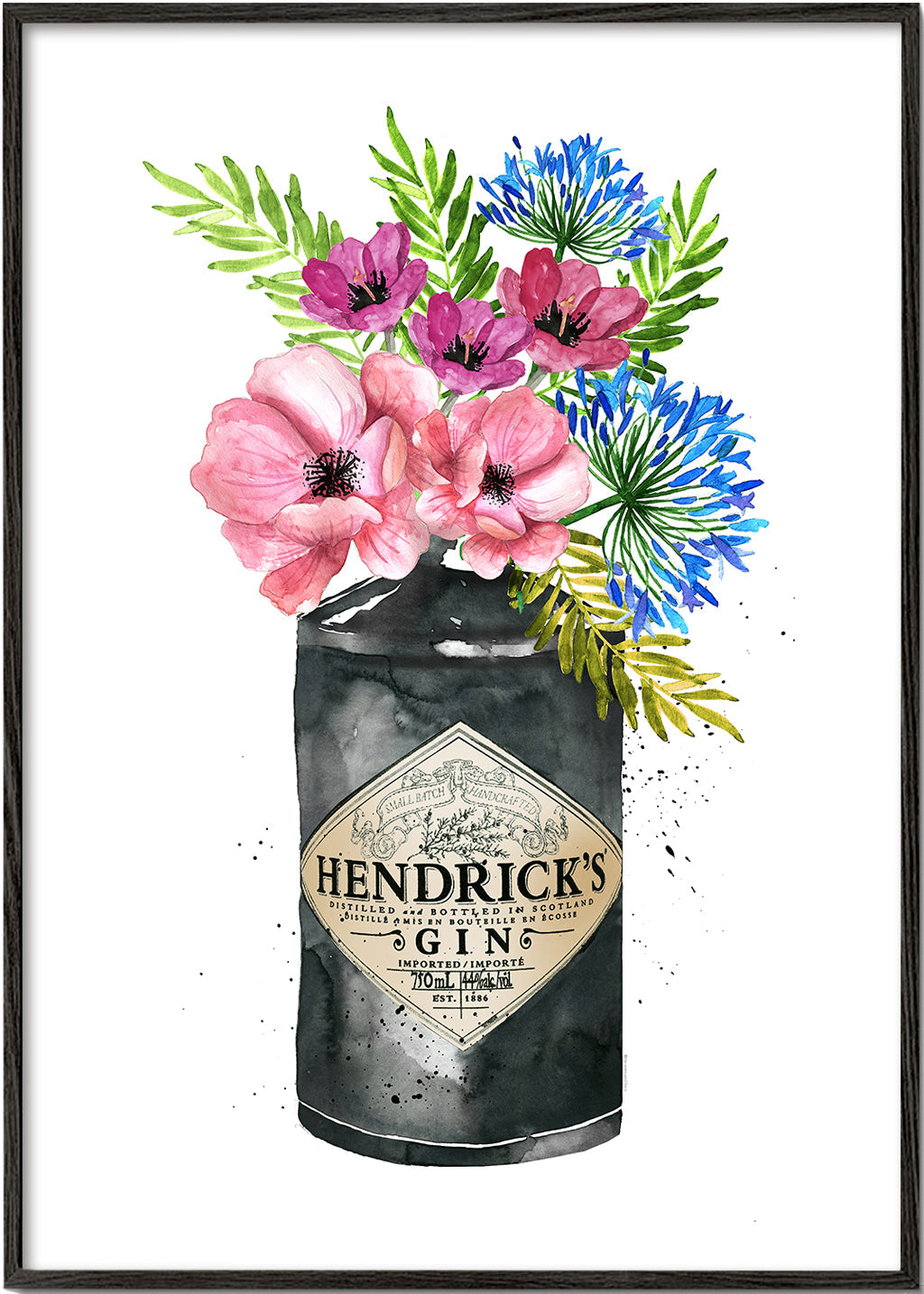 Botanisk plakat med Hendrick's-flaske og blomster