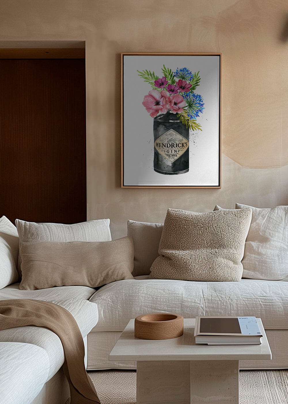 Botanisk plakat med Hendrick's-flaske og blomster