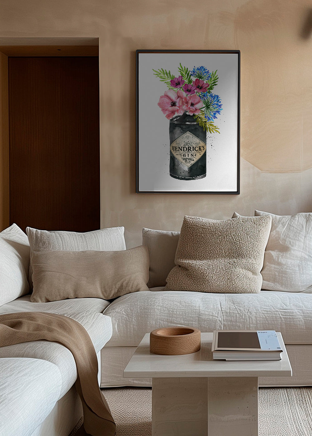 Botanisk plakat med Hendrick's-flaske og blomster