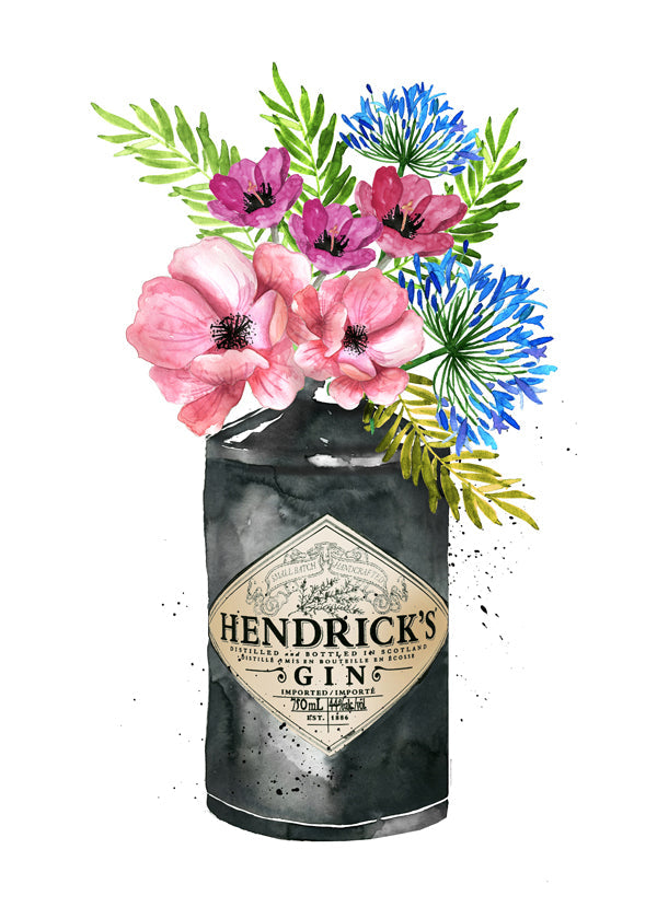 Botanisk plakat med Hendrick's-flaske og blomster