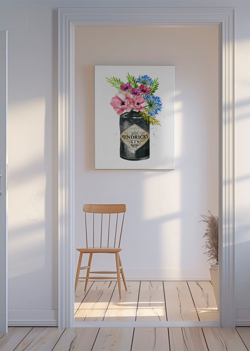 Botanisk plakat med Hendrick's-flaske og blomster