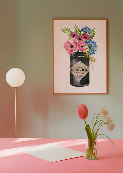 Botanisk plakat med Hendrick's-flaske og blomster