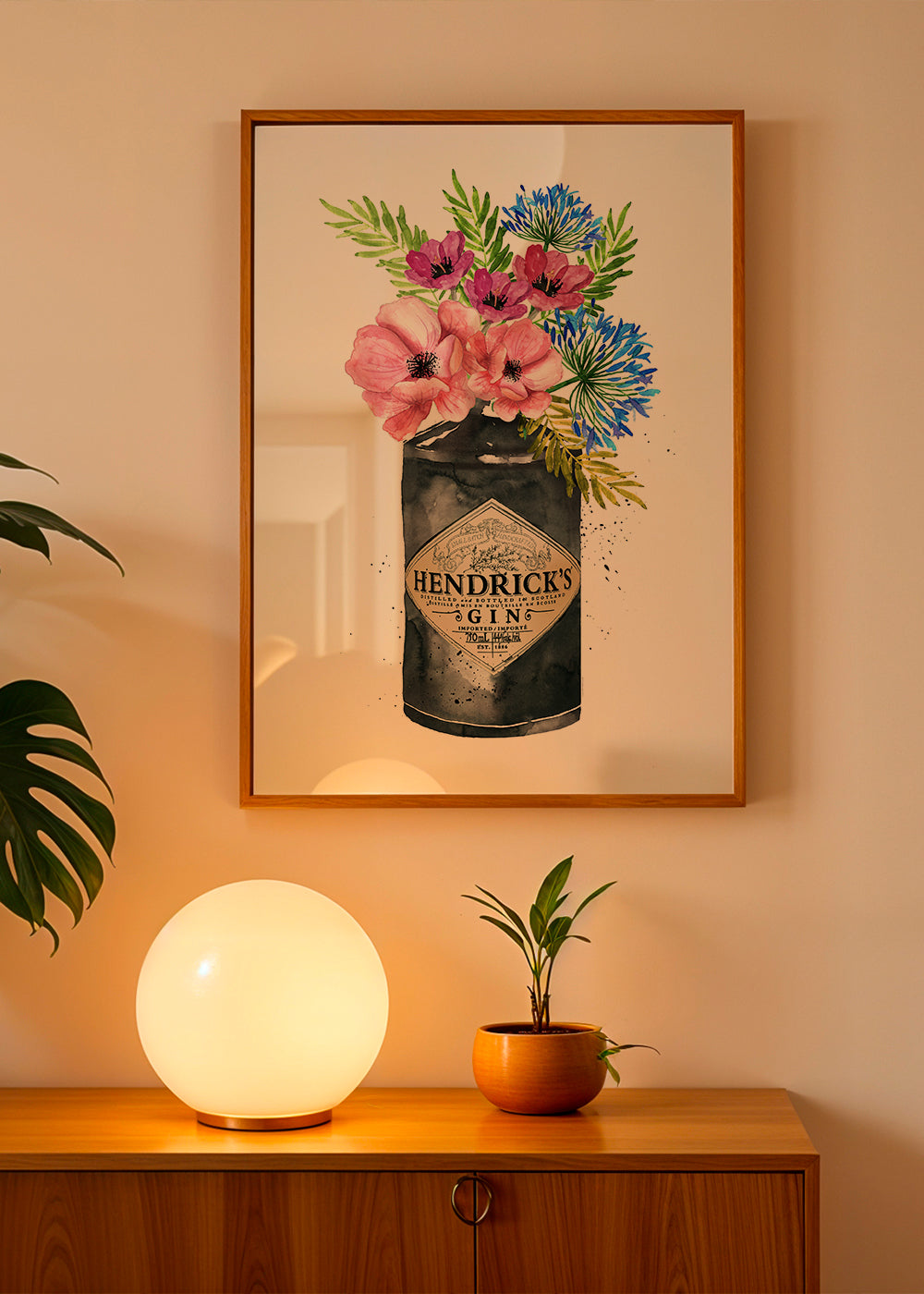 Botanisk plakat med Hendrick's-flaske og blomster