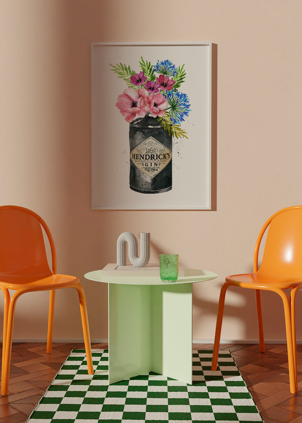 Botanisk plakat med Hendrick's-flaske og blomster