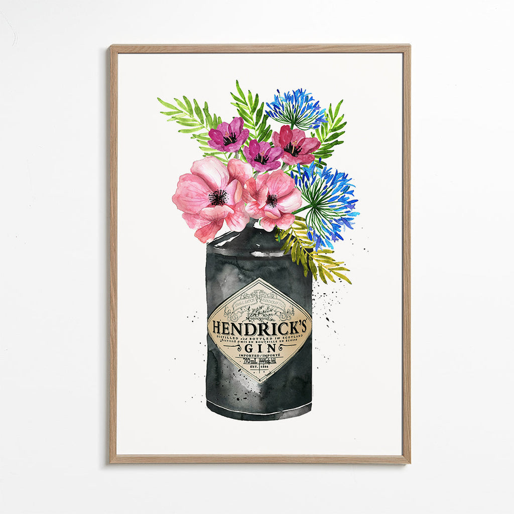 Botanisk plakat med Hendrick's-flaske og blomster