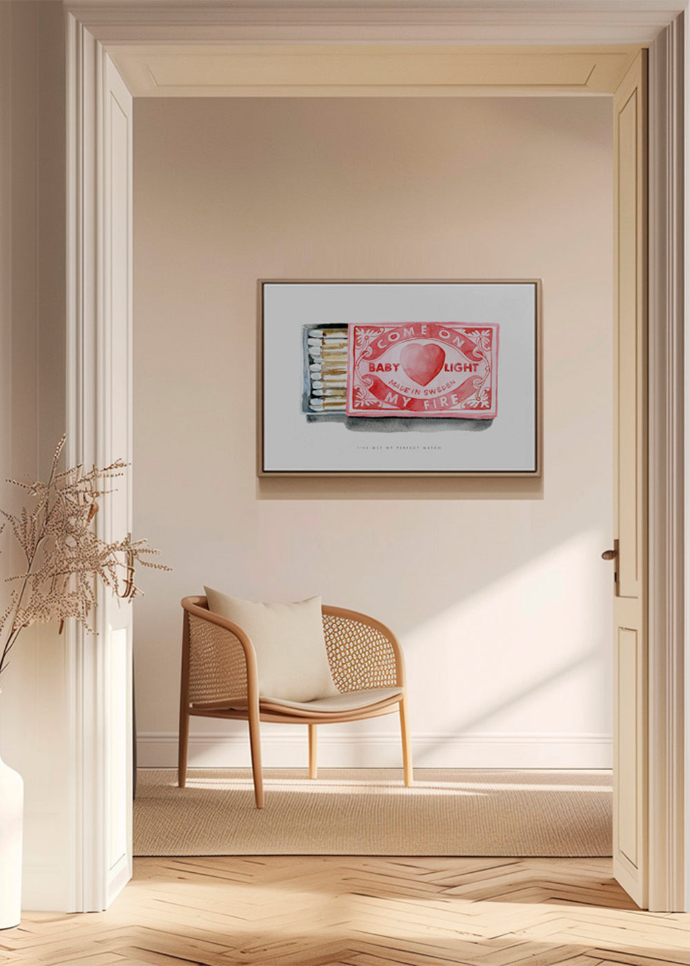 Illustration af tændstikæske med hjerte i akvarel