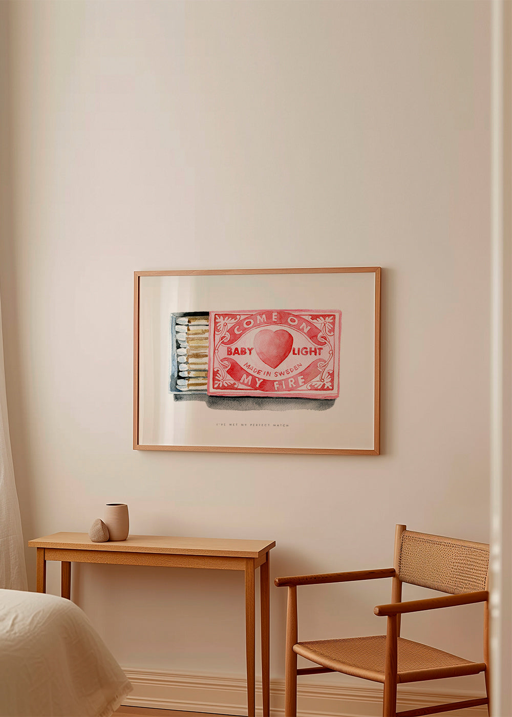 Illustration af tændstikæske med hjerte i akvarel
