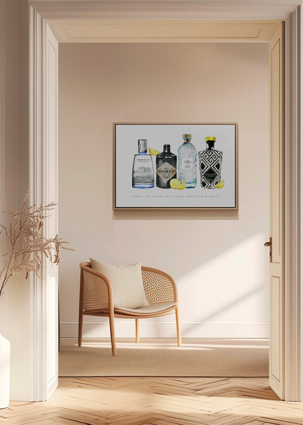 Køkkenkunst med ginflasker og citroner