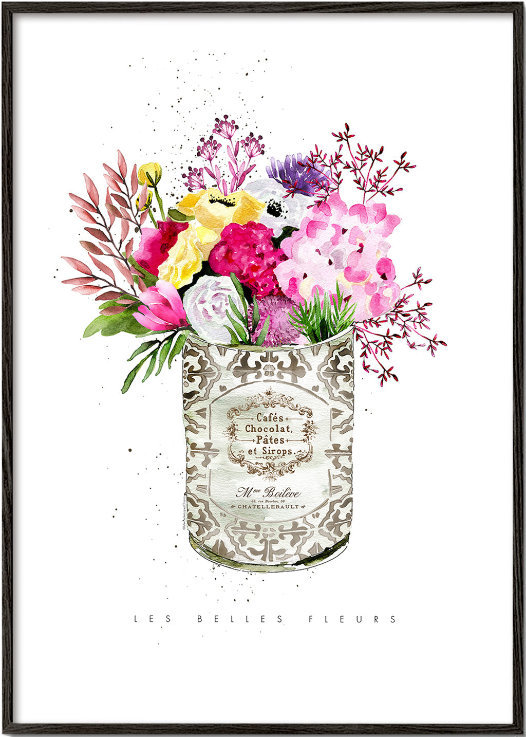Botanisk plakat i vintage dåse med akvarelblomster